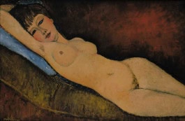 A painting of a naked woman lying on a bed 