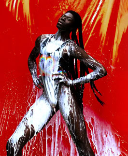 Man posing covered in white paint in a swimsuit from Effenberger Couture, Rainbow Collection