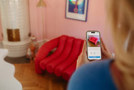 A woman looks at a sofa in a mobile application; there is the same sofa in the background in the apartment 