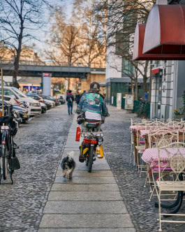 A person rides a bicycle through the streets of Berlin, with a dog running nearby 