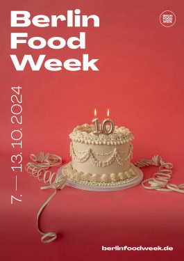 Berlin Food Week 2024 Poster: Cake with candles in the shape of number 10 on a red background 