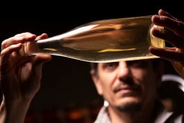 A man holds and examines a bottle of white wine