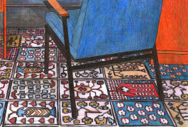 painting of a chair on a multi-colored patterned tile