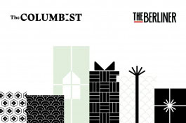 drawing of christmas gift boxes, top images logos of The Columbist and The Berliner 