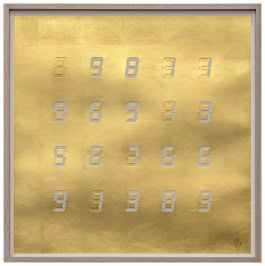 Photo of a painting by Tatsuo Miyajima, where LED numbers are located on a gold background