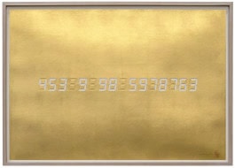 Photo of a painting by Tatsuo Miyajima, where LED numbers are located on a gold background