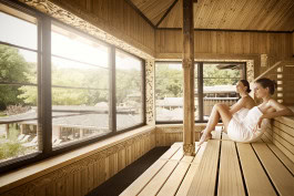 Two women in towels sit inside an enclosed sauna and look out at the view from large windows at Vabali Spa