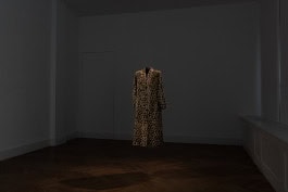 Photo of the Neriman Polat exhibition, where a dress with a small print seems to float in the air in the room