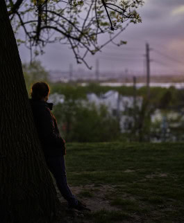 Carlier | Gebauer exhibition, depicting a woman leaning against a tree and looking at the sunset