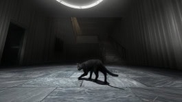 Julia Stoschek Foundation exhibition, still from a black and white animated video of a black cat walking around a dimly lit room