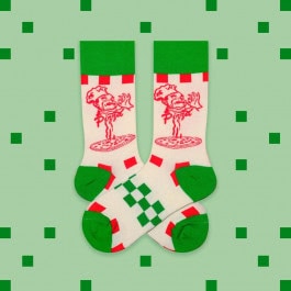 white socks with green and red accents and a picture of a chef with pizza lying on a green background